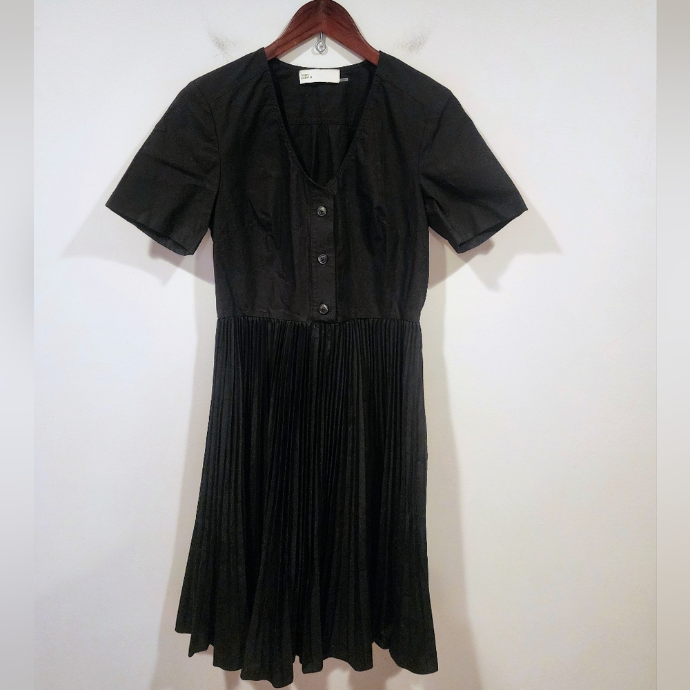 Tory Burch Black Pleated Cotton V-Neck Shirt Dress